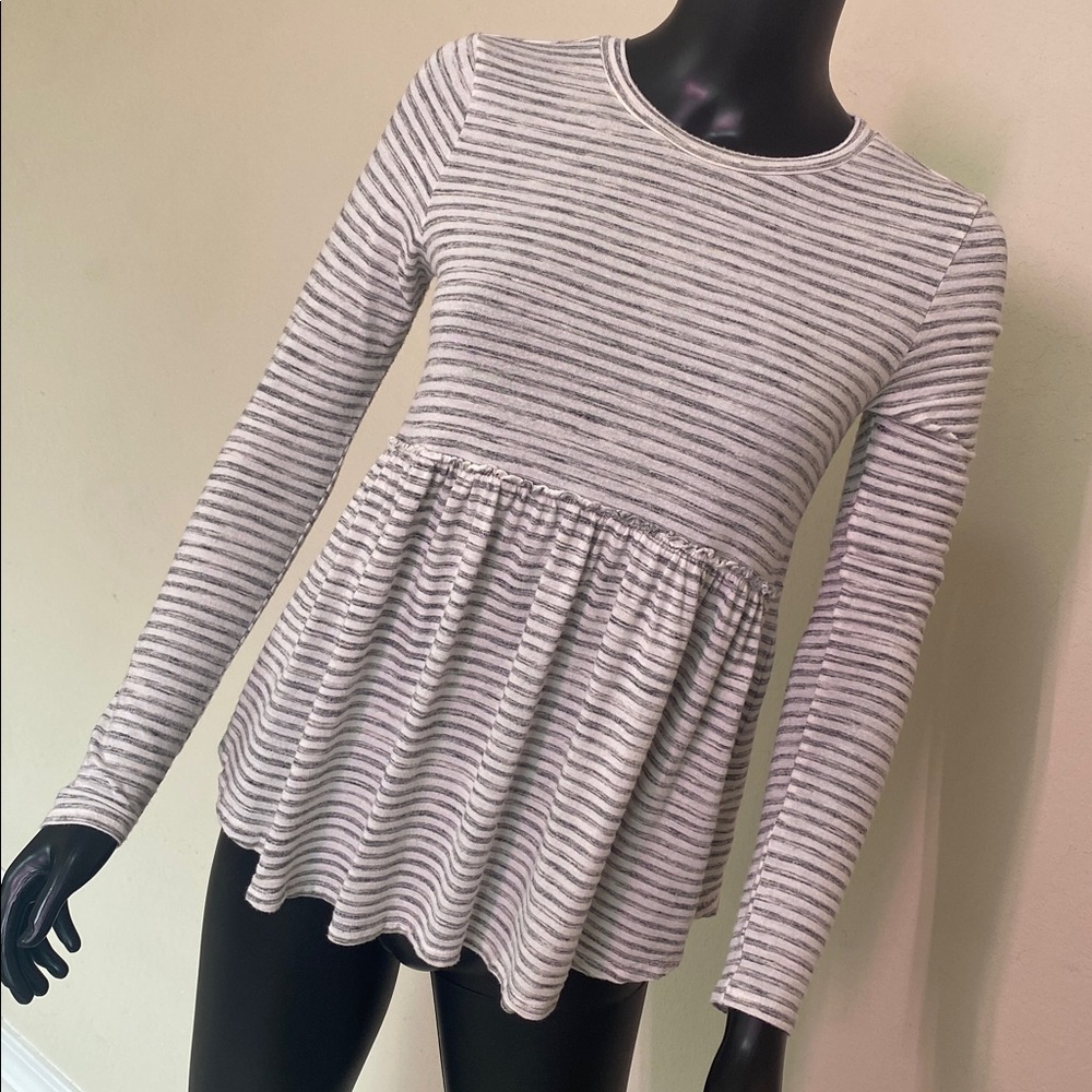 Altar'd State Gray and White Striped Peplum Long-Sleeve Top